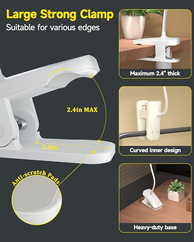 CUHIOY Desk Lamp with Clamp, Portable Cordless Rechargeable Clip on Reading Light, Eye-Caring LED Kid's Bunk Bed Light, 5 Colors 5 Brightness Flexible Neck Architect Lamp for Studying Crafting (White)