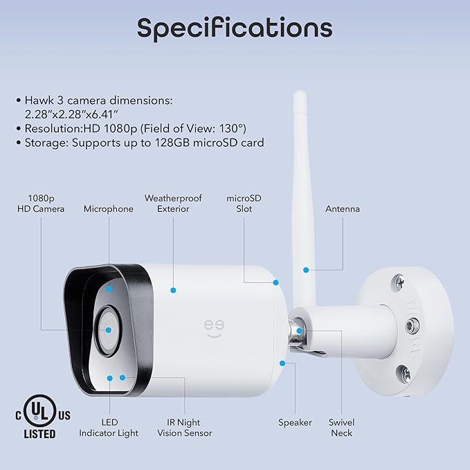 Geeni Hawk 3 Outdoor Security Camera, 1080p HD, Weatherproof, Motion Detection, Night Vision, Two-Way Audio, Alexa/Google Compatible