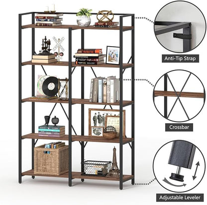 BON AUGURE Industrial Bookshelves and Bookcases, Farmhouse Large Book Shelves, 5 Tier Heavy Duty Open Bookcase, Tall Wood Metal Shelving Unit for Living Room, Bedroom, Office (Rustic Oak)