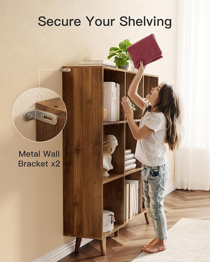 Pipishell 9-Cube Bookshelf, Bookcase with 3 Height-Adjustable Shelves and Solid Legs, Cube Storage Shelf, Modern Freestanding Open Bookshelf for Living Room, Bedroom (Walnut)