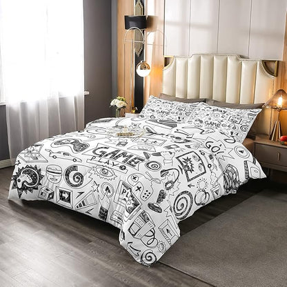 Erosebridal Gaming Comforter Set, Kids Gamepad Cartoon Bedding Set Video Games Gamers Duvet Set Queen Hip Hop Graffiti Quilt Set Racing Car Comforter Set, Black White Printed Bedroom Decor