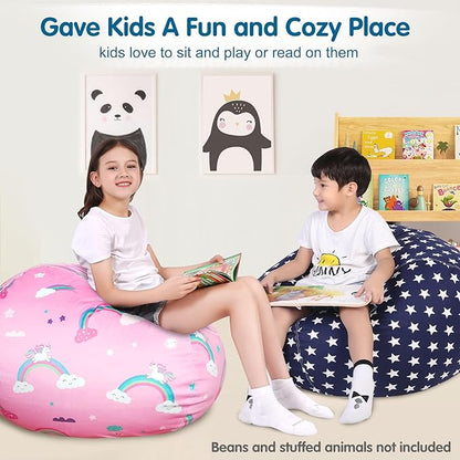 Lukeight Stuffed Animal Storage Bean Bag Chair Cover for Kids, Zipper Beanbag Chair Cover for Organizing Toddler & Kids' Rooms Plush Toys (Stars Navy, X-Large)