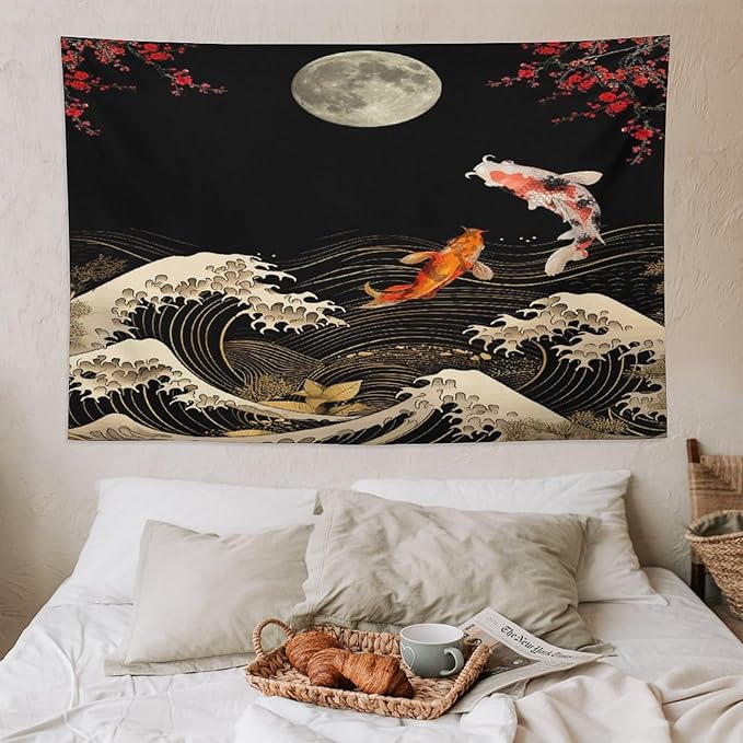 Houselerax Koi Fish Tapestry, Japanese Style Yin Yang Big Wave Cherry Blossom Tapestries Wall Hanging for Bedroom Living Room Office Decor 90"x60"