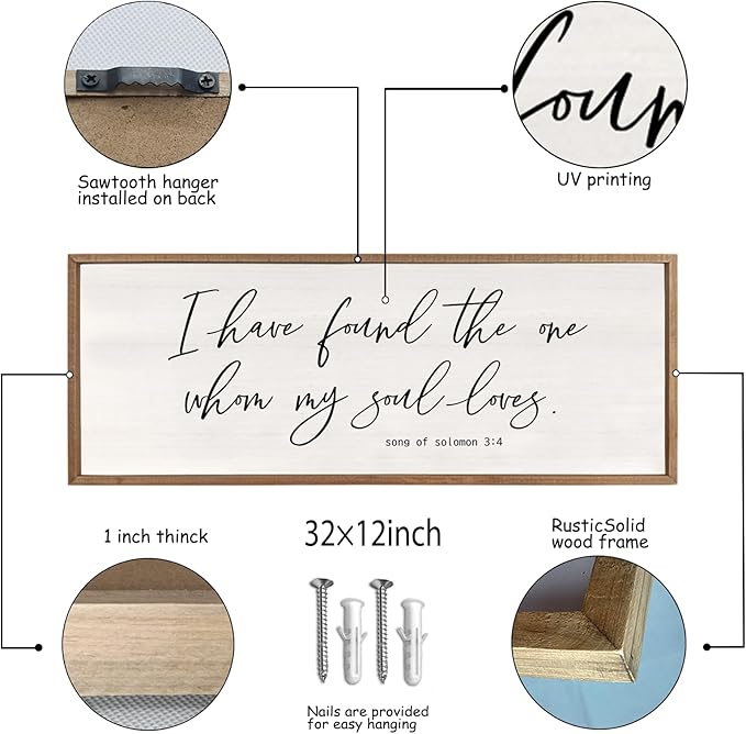 I Have Found The One Whom My Soul Loves Sign Wall Art Decor 32"x12" Modren Master Bedroom Above Bed Wood Framed Song of Solomon 3:4 Large Living Room Bible Verse Wall Hanging (Wood)