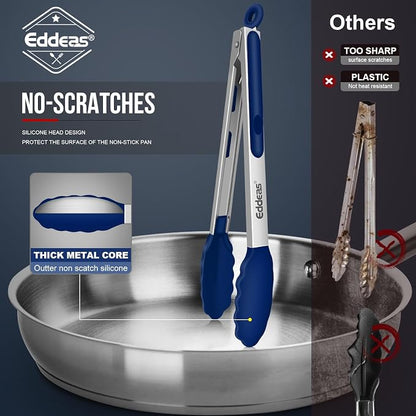 Tongs For Cooking - Kitchen Tong with Silicone Tip 7", 9", 12" Blue | 600°F Heat Resistant Silicone Tong, All Metal handle Locking Tongs with Silicone Tips, Heavy Duty Stainless steel