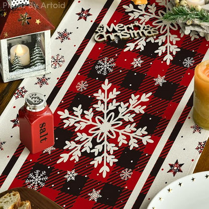 Artoid Mode Buffalo Plaid Snowflakes Christmas Table Runner, Seasonal Winter Kitchen Dining Table Decoration for Home Party Decor 13x90 Inch