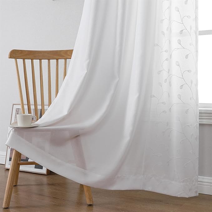 MIUCO Light Filtering Faux Linen Curtains - 63 Inch Length for Bedroom & Living Room, Pure White Floral Embroidered Solid Mix and Match, Semi Sheer Grommet Farmhouse Drapes, 2 Panels Set