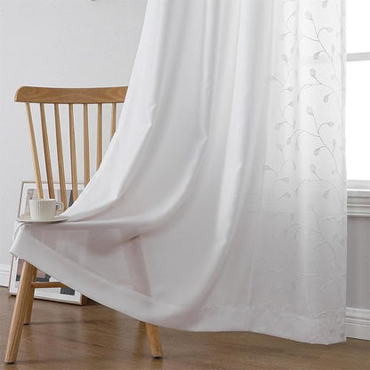 MIUCO Light Filtering Faux Linen Curtains - 63 Inch Length for Bedroom & Living Room, Pure White Floral Embroidered Solid Mix and Match, Semi Sheer Grommet Farmhouse Drapes, 2 Panels Set