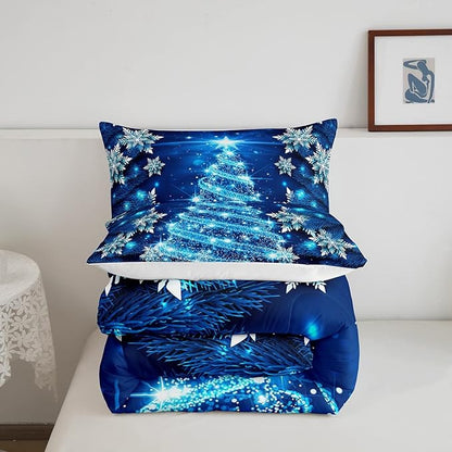 Feelyou Girls Christmas Tree Comforter Set Blue Xmas Theme Comforter Full Chic Winter Snowflake Bedding Set for Girls Daughter Bedroom Decor Soft Girly Glitter Quilted Duvet Winter Warm Bedding