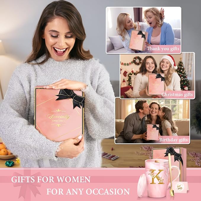 Coffee Mugs - Personalized Gifts for Women, Initial Customized Ceramic Marble Cups 14 Oz Pink, Luxury Christmas Mother's Day Birthday Gift for Mom Grandma Girlfriend Friend Unique,K
