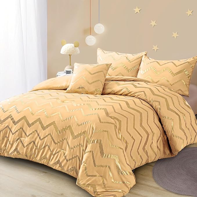 Yellow Gold Comforter Set Queen Size Metallic Bedding Set for Girls Lightweight Microfiber Comforter Set,4 Piece (2 Matching Sham + 1 Decorative Pillow)