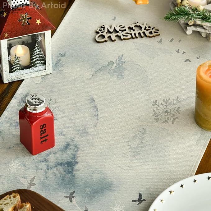 Artoid Mode Green Tree Snow Christmas Table Runner, Seasonal Winter Holiday Kitchen Dining Table Decoration for Home Party Decor 13x120 Inch
