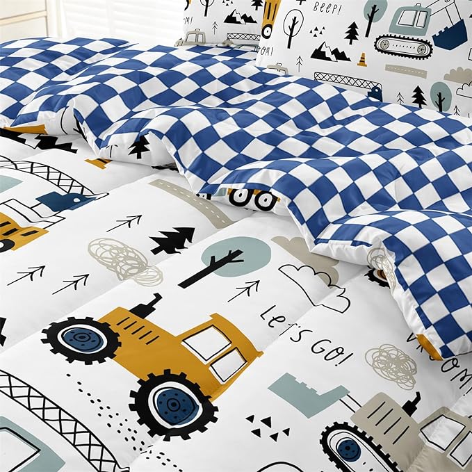 4-Pcs Construction Twin Size Boys Bedding Set, Kids Comforter Set for Teens w/Sheets and Pillowcase, Soft Cartoon Tractor Cars Bed in a Bag Sets