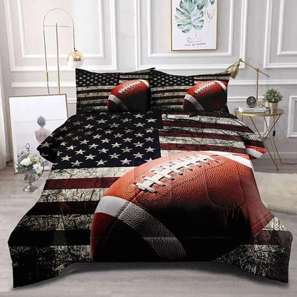 American Football Comforter Set for Boys Teens,Kids Sports Bedding Set Queen Size,USA Flag Football Printed Bedroom Sets with 2 Matching Pillow Shams