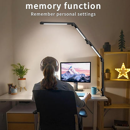 LED Desk Lamp with Clamp Flexible 4 sections Swing Arm Three light sources desk light, 4 Color Modes & 5 Brightness, Eye Caring Led table light with Memory Function for table lamps for office