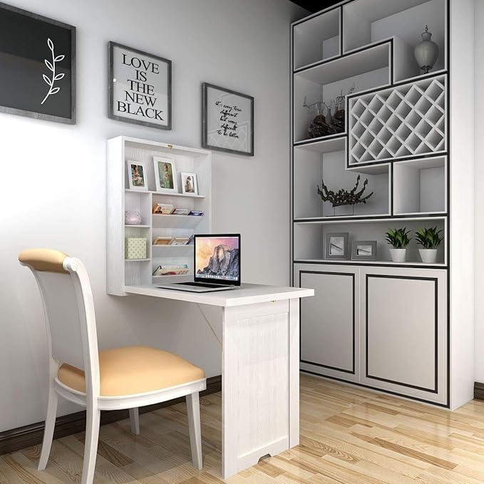 LUARANE Wall Mounted Table, Foldable Multiple-purpose Desk, Fold Out Wood Convertible Writing Desk Bookshelf Cabinet, Large Storage Space, Ideal for Home Office Study (White)