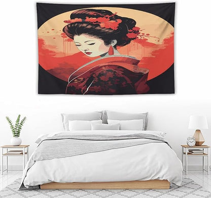 Japanese Woman Geisha Tapestry Asian Cherry Blossom Red Sun Traditional Kimono Folk Tapestries Home Decor for Living Room Bedroom Apartment Farmhouse Dorm 60"x40"