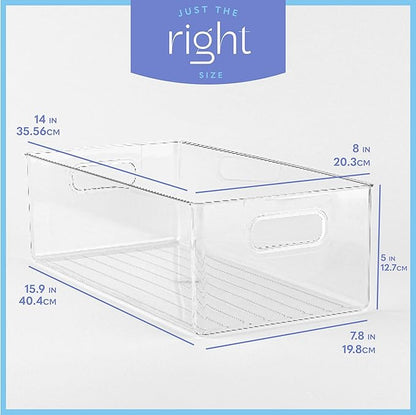 Plastic Food Storage 2 Pack Clear Container Bin with Handles for Organizing Kitchen, Pantry, Refrigerator, Freezer, Pantry, Cabinet, Closet, Bathroom. 14”x8”x5”