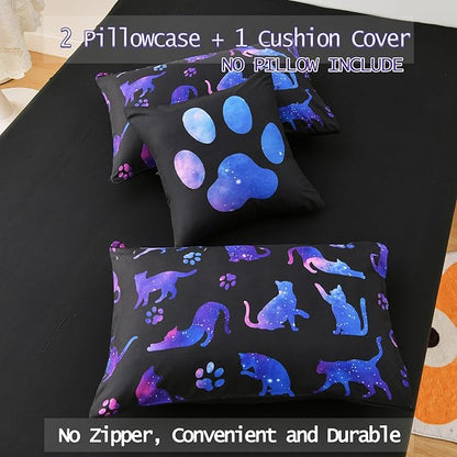 DORCAS Cute Cat Twin Comforter Set for Girls Starry Sky Bedding Sets Twin Girls 6 Pieces Animal Twin Bed-in-A-Bag with Comforter,Sheets,Pillowcases for Kids