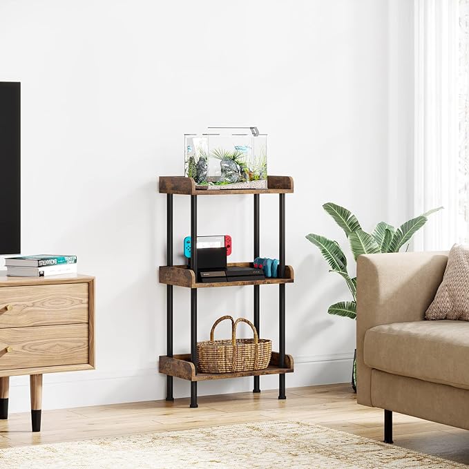 Bookshelf Small Book Shelf: 3-Tier Wood Bookcase Industrial Bookshelf Metal Standing Book Shelves Display Book Rack for Living Room Bedroom Home Office (Rustic Brown)