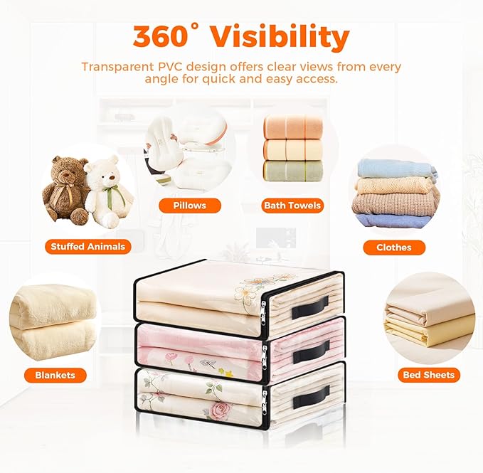 SpaceWhisper 6 Pack Clear Storage Bags, Plastic Blanket Storage Bags with Zipper and Handle, Moving Bags for Comforter, Bedding & Clothes, Closet Organizer and Under Bed Storage (15.7x13.8x3.9 Inch)