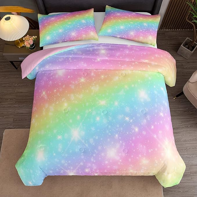 NINENINE Rainbow Bedding Girls Full Size Comforter Sets 5PCS Girls Pink Bedding Set Teen Girl Comforter Set(1Comforter, 1Flat Sheet, 1Fitted Sheet, 2Pillowcases)…