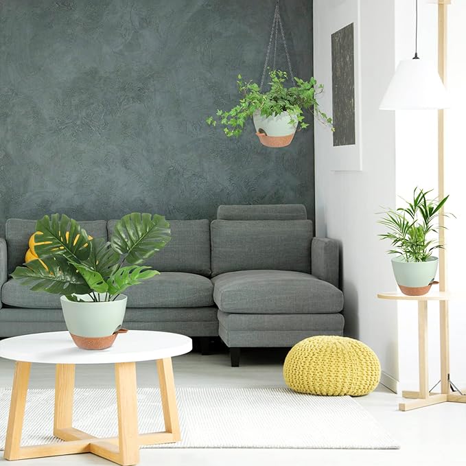 Hanging Planters for Indoor Outdoor Plants, 2 Pack Self Watering Hanging Pot with Drainage Holes & Removable Tray (Green, 8'')