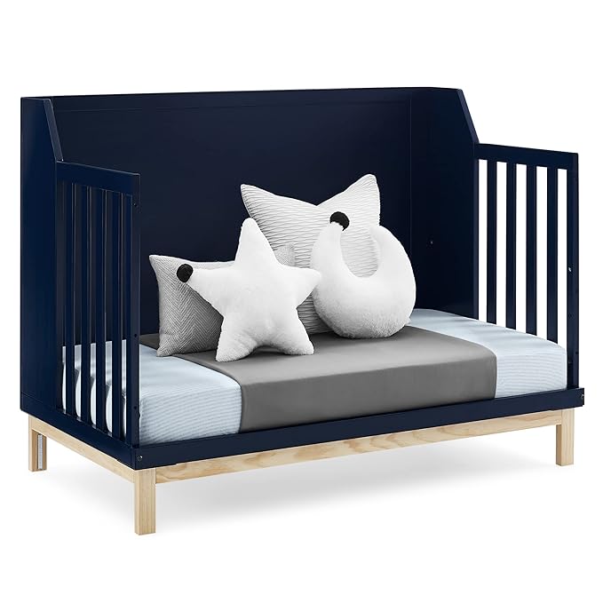Delta Children babyGap Oxford 6-in-1 Convertible Crib + Brannan Bear Bookcase with Bins + Brannan Bear Wall Shelf with 4 Hooks, Navy/Natural (Bundle)