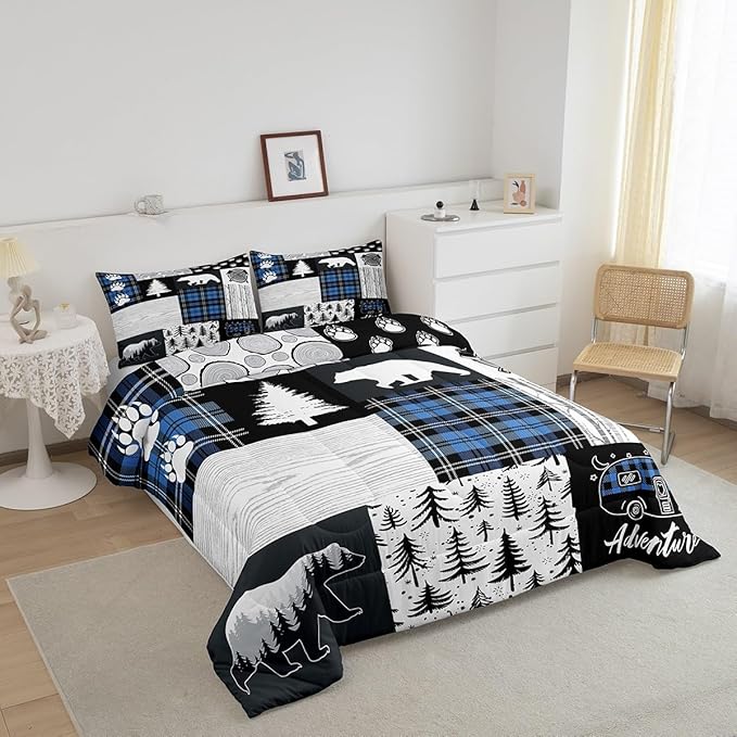 Bear Paws Comforter Set Queen Size,Pine Trees Geometric Plaids Patchwork Bedding Set for Kids Boys Girls Adults Room Decor,Hunting Adventure Down Comforter,Blue Rustic Duvet Insert,2 Pillowcases