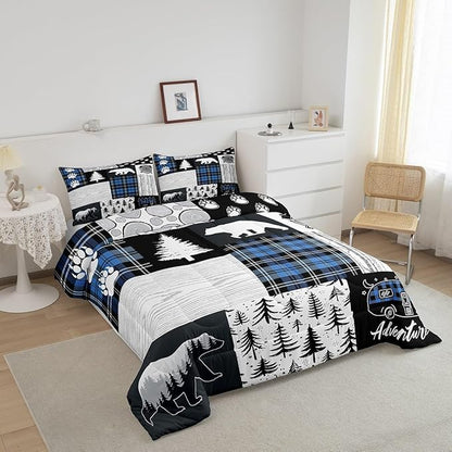 Bear Paws Comforter Set Queen Size,Pine Trees Geometric Plaids Patchwork Bedding Set for Kids Boys Girls Adults Room Decor,Hunting Adventure Down Comforter,Blue Rustic Duvet Insert,2 Pillowcases