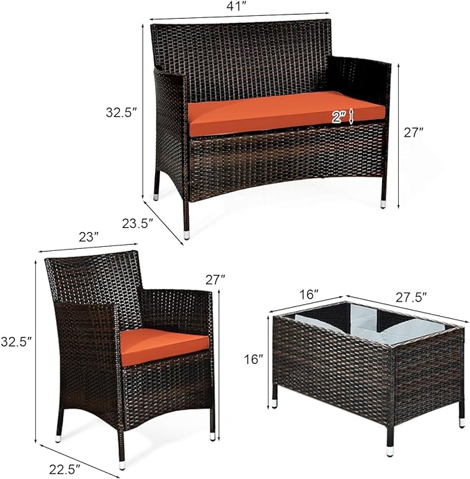Goplus 4-Piece Rattan Patio Set, Outdoor/Indoor Wicker Conversation Set for Pool, Backyard, Lawn, Wicker Chairs and Sofa with Soft Cushion, Rattan Furniture with Tempered Glass Coffee Table