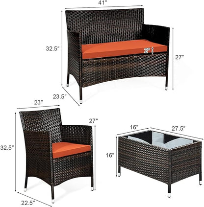 Goplus 4-Piece Rattan Patio Set, Outdoor/Indoor Wicker Conversation Set for Pool, Backyard, Lawn, Wicker Chairs and Sofa with Soft Cushion, Rattan Furniture with Tempered Glass Coffee Table
