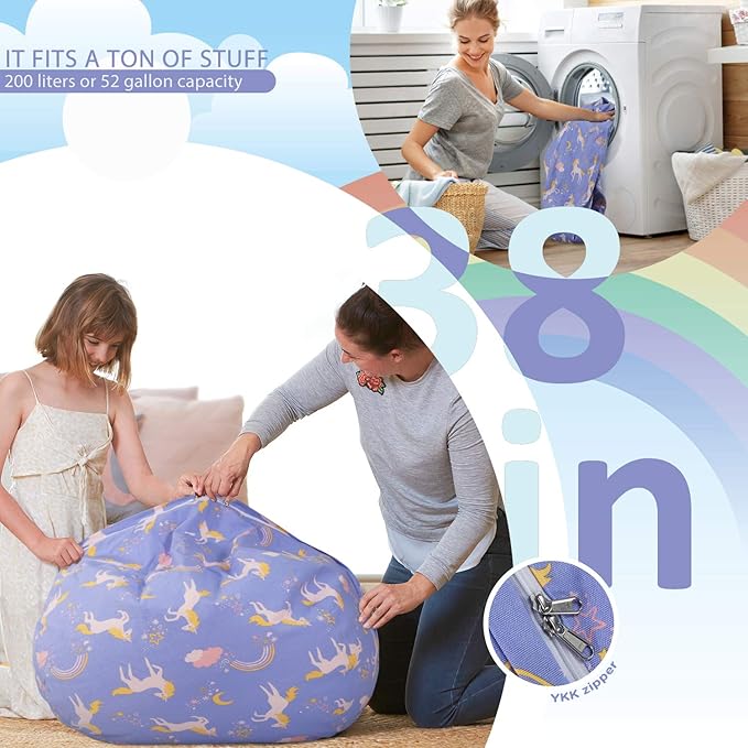 Aubliss Stuffed Animal Bean Bag Storage Chair (Light Blue Unicorn, Large (38''))