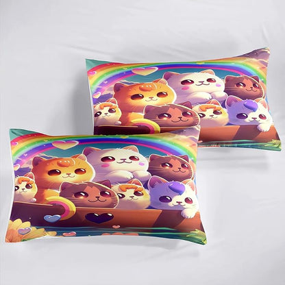 Kids Cat Comforter Set - Cat Bedding Set Full Size Cat Comforter Cartoon Cat Rainbow Printed Bedding Sets for Kids Girls Kawaii Cat Quilt Set, 1 Comforter+2 Pillowcases