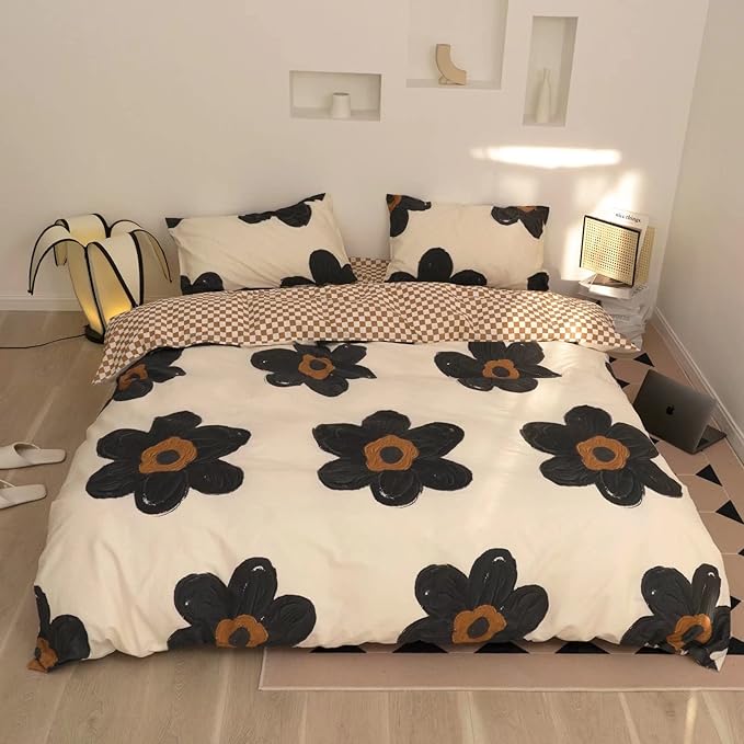 Black Floral Comforter Set Black and White Bedding Queen Comforter Set Flowers Cotton Women Modern Elegant Chic Quilts Blankets Lightweight Black Flower Reversible Bed Comforter Set