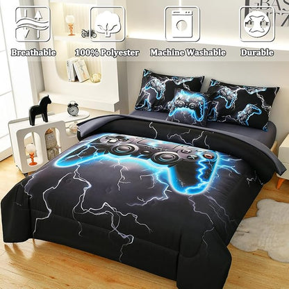Game Console Full Comforter Set with Sheets, Microfiber 6 Pcs Bed in A Bag Full Size Gamer Bedding Set for Boys Kids Teens