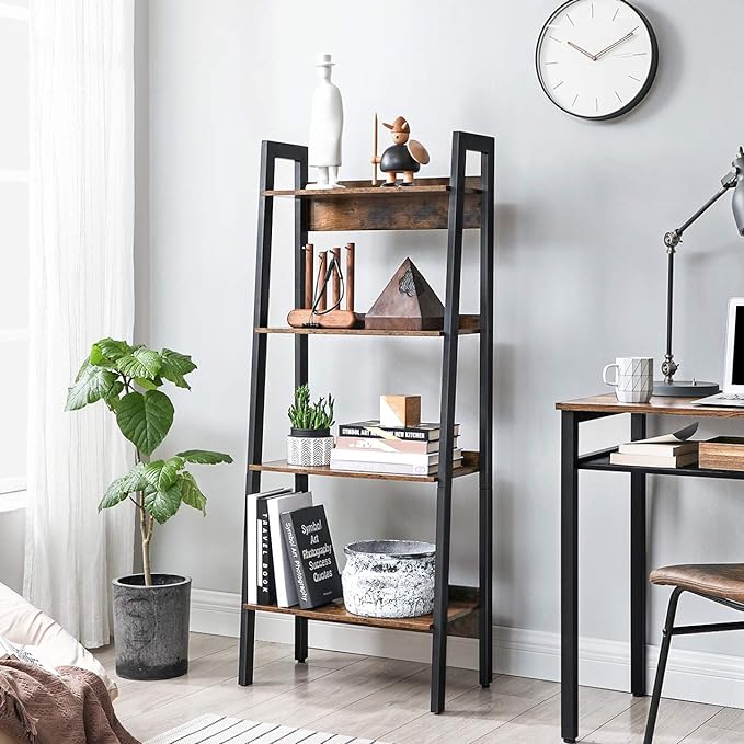 VASAGLE Bookshelf, 4-Tier Bookcase, Ladder Shelf for Home Office, Living Room, Bedroom, Kitchen, Rustic Brown and Ink Black ULLS054X01