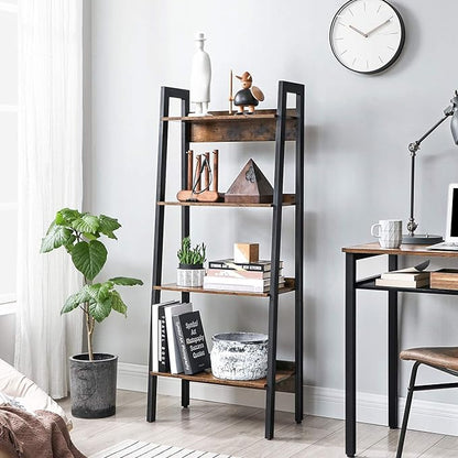 VASAGLE Bookshelf, 4-Tier Bookcase, Ladder Shelf for Home Office, Living Room, Bedroom, Kitchen, Rustic Brown and Ink Black ULLS054X01