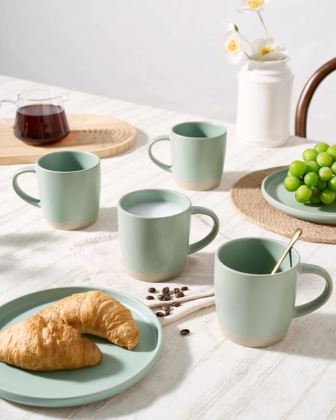 famiware Coffee Mugs Set of 4, Milkyway 13 oz Mug Set, Ceramic Cup Set with Handle for Coffee, Tea, Cocoa, Milk, Light Green