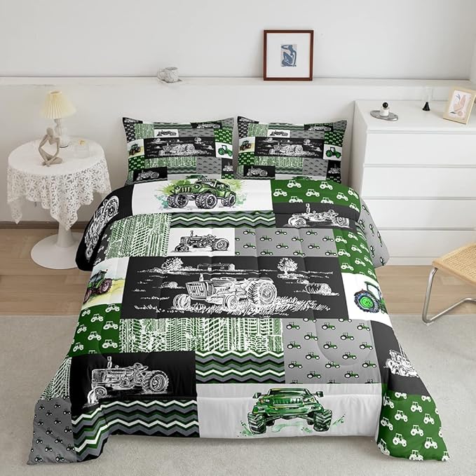 Tractor Bedding Set Twin Size Equipment Trucks Comforter Set Farmhouse Harvester Down Comforter for Kids Boys Car Bedroom Decor Green Vehicle Quilt Set Plaid Comforter with 1 Pillowcase, Grey