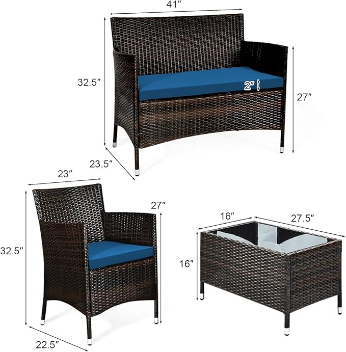 Goplus 4-Piece Rattan Patio Set, Outdoor/Indoor Wicker Conversation Set for Pool, Backyard, Lawn, Wicker Chairs and Sofa with Soft Cushion, Rattan Furniture with Tempered Glass Coffee Table