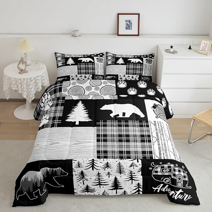 Manfei Bear Plaids Comforter Set Twin Size,Pine Trees Animals Hunting Bedding Set for Kids Boys Girls Adults Room Decor,Adventure Rustic Farmhouse Down Comforter,Black Retro Duvet Insert,1 Pillowcase