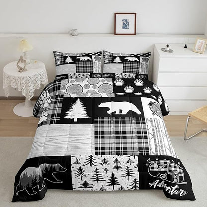 Manfei Bear Plaids Comforter Set Twin Size,Pine Trees Animals Hunting Bedding Set for Kids Boys Girls Adults Room Decor,Adventure Rustic Farmhouse Down Comforter,Black Retro Duvet Insert,1 Pillowcase