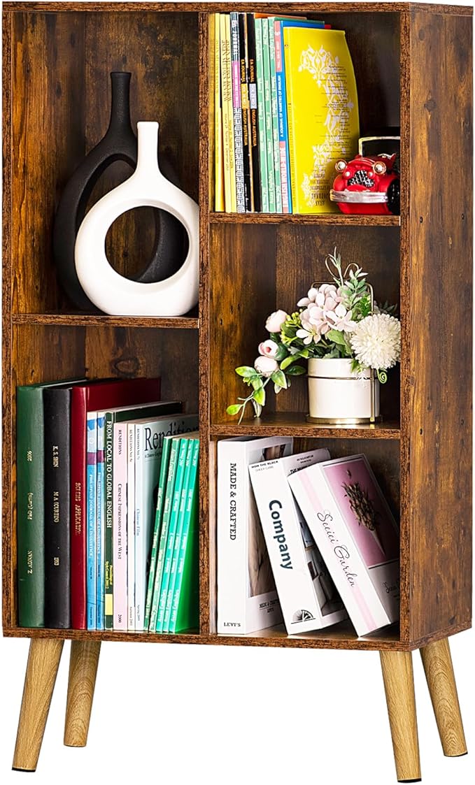 LEYAOYAO 5 Cube Small Bookshelf,3 Tier Mid-Century Bookcase with Legs,Wood Bookshelves Storage Organizer Shelf,Narrow Book Shelves,Brown Bookcases