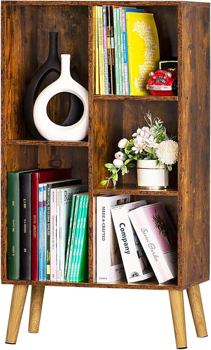 LEYAOYAO 5 Cube Small Bookshelf,3 Tier Mid-Century Bookcase with Legs,Wood Bookshelves Storage Organizer Shelf,Narrow Book Shelves,Brown Bookcases