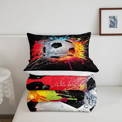 Kids Soccer Full Size Comforter Set For Boys Football Sports Bedding Set Teen Colorful Grunge Hippie Tie Dye Quilt Comforter Red Blue Water Fire Lightning Duvet Insert Lightweight Bedroom Dorm Decor