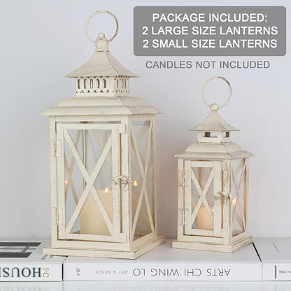 NEEDOMO Lanterns Decorative Outdoor&Indoor, Set of 4 (14"&10") Beige Metal Lantern Decor with Glass, Candle Holder for Porch, Patio, Garden, Balcony, Wedding, Table Centerpiece