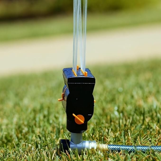 Melnor 65137AMZ MiniMax Turbo Oscillating Sprinkler on Step Spike, 4000 sq. ft., 4-Way Adjustable, Quick Connect Bundle, Yellow