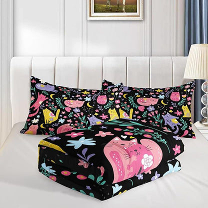 Floral Cat Comforter Twin Size,Black Cats Comforter Set for Kids Teens Girls,3Pcs Bedding Set Printed Comforter with 2 Pillowcases,Down Alternative,Soft and Lightweight(Black，Twin Size)
