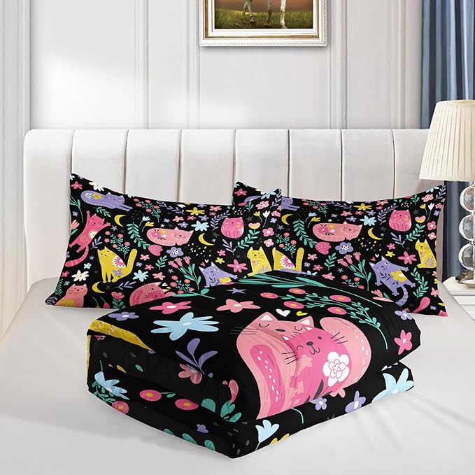 Floral Cat Comforter Queen Size,Black Cats Comforter Set for Kids Teens Girls,3Pcs Bedding Set Printed Comforter with 2 Pillowcases,Down Alternative,Soft and Lightweight(Black，Queen Size)